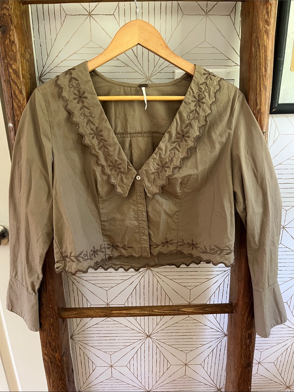 Free People Olive Embroidered Scallop-Collar Crop Button-Down